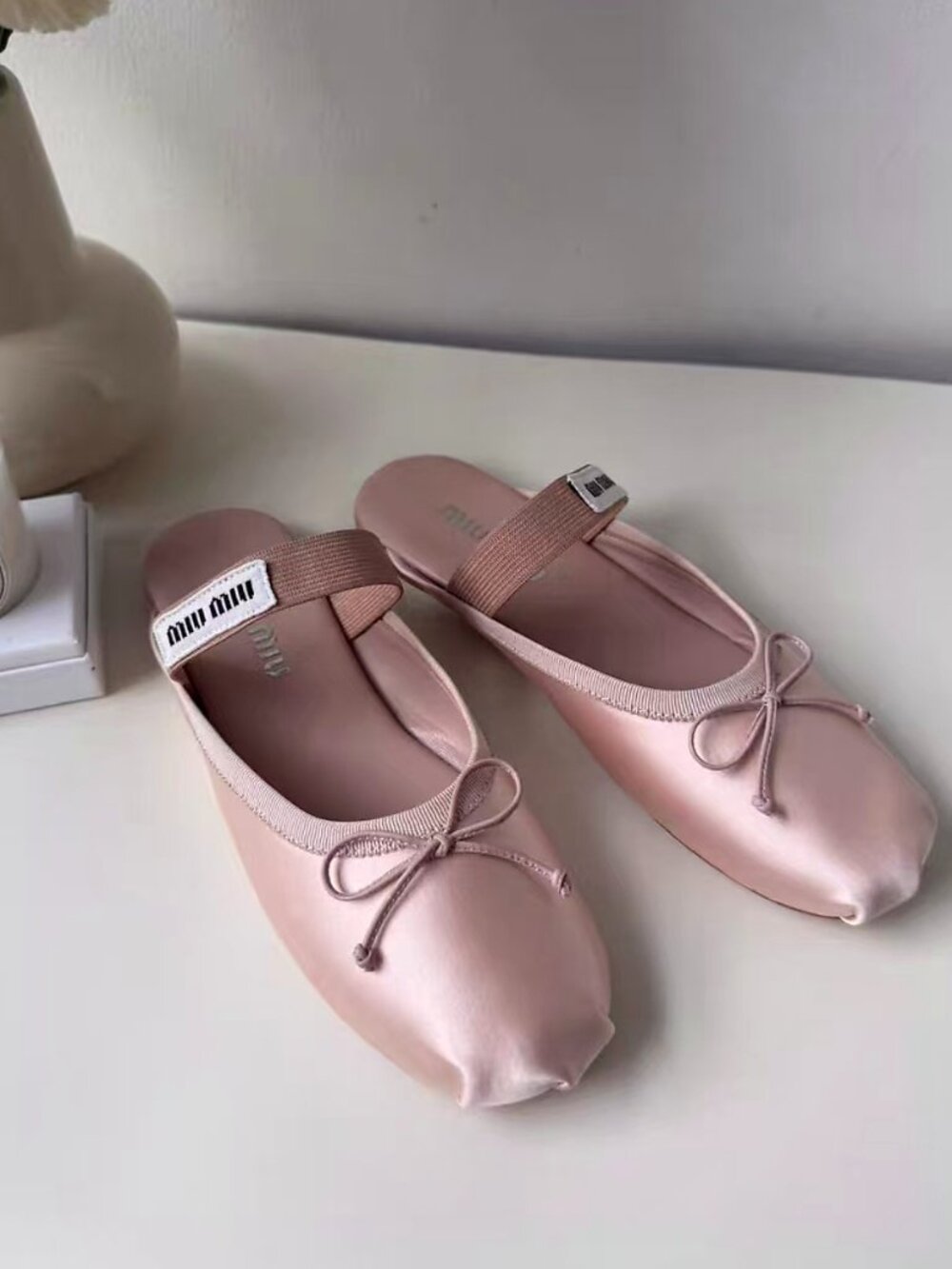MIU MIU Satin Bow Elastic Strap Mule Flats